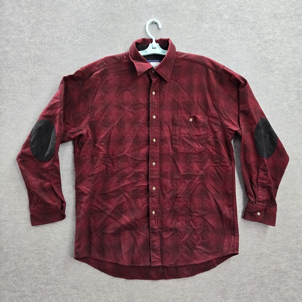 Pendleton Men Button Up Shirt L Red Polyester‎ Wool Trail Elbow Patches